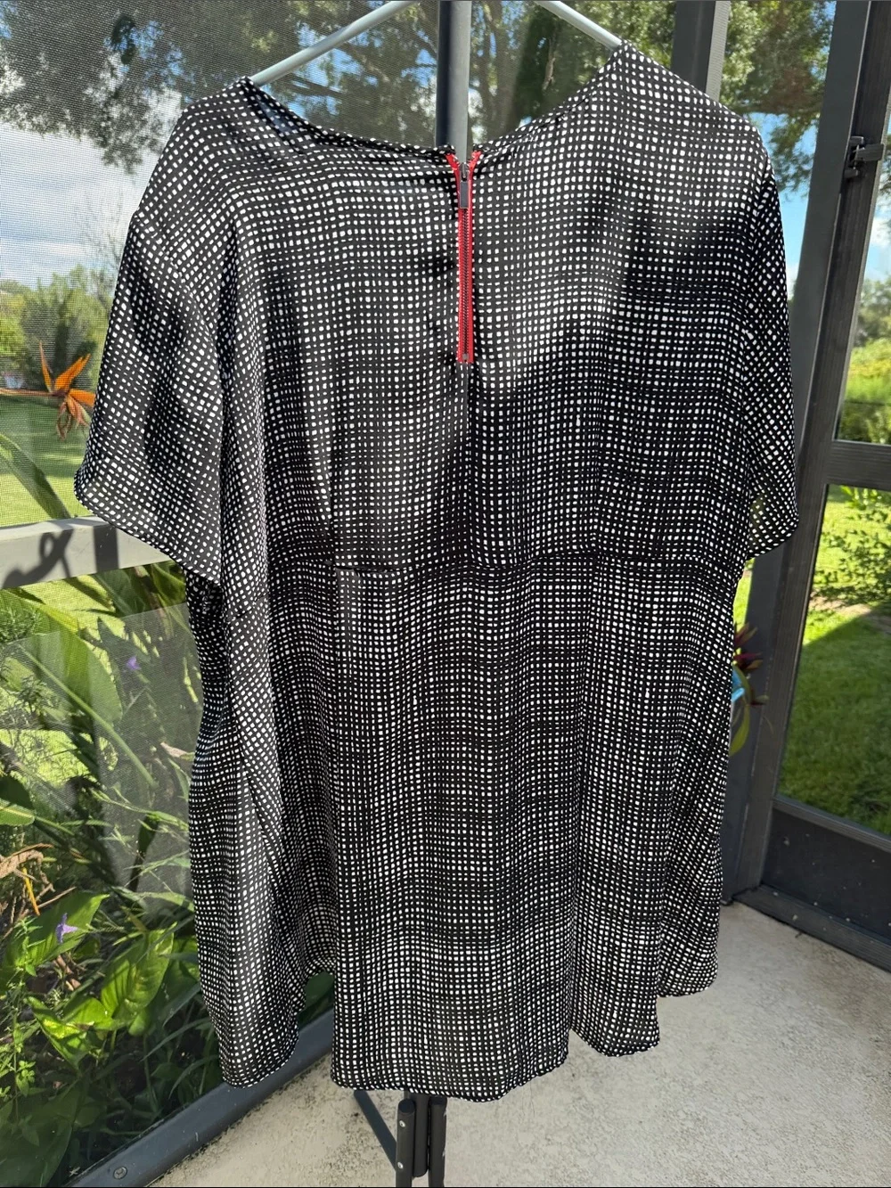 Apt. 9 Black short sleeve Blouse with White Dot Grid Pattern